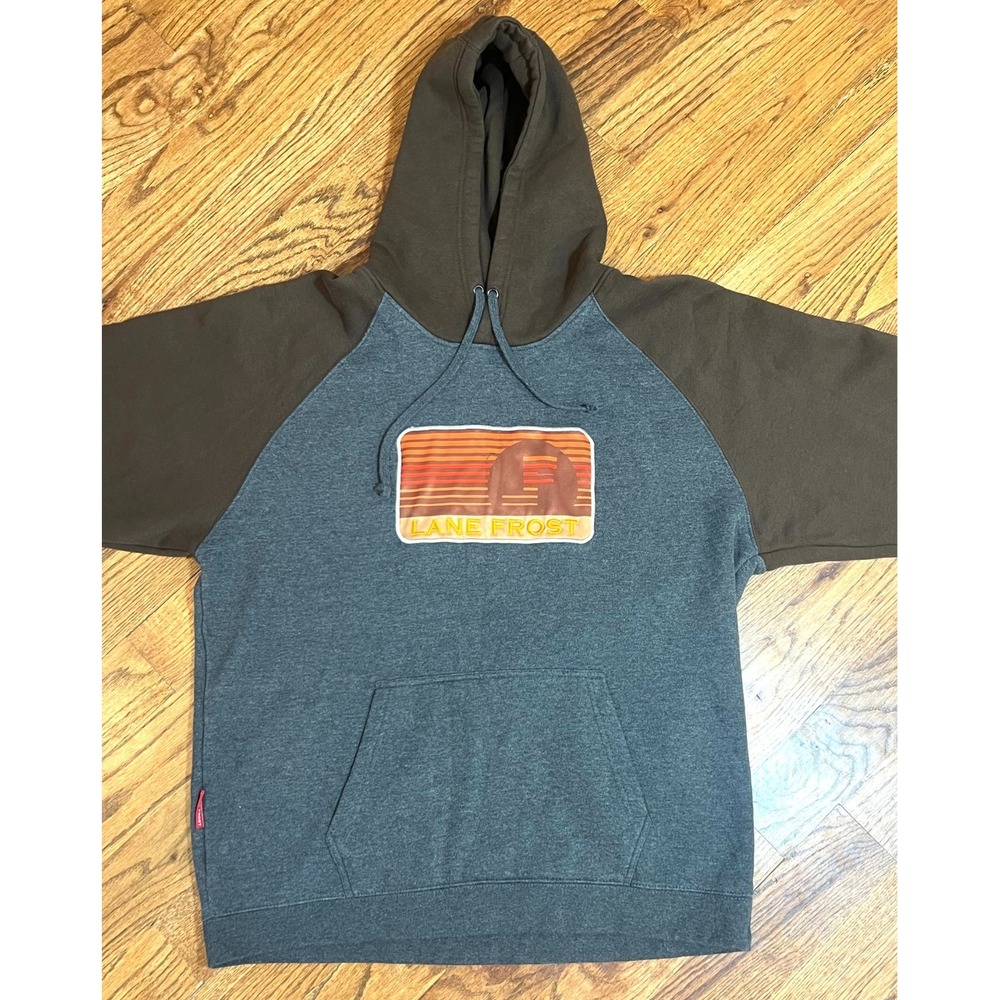 Lane Frost Hoodie Mens Pullover Sweatshirt Western Rodeo Legend‎ Logo Brown Grey